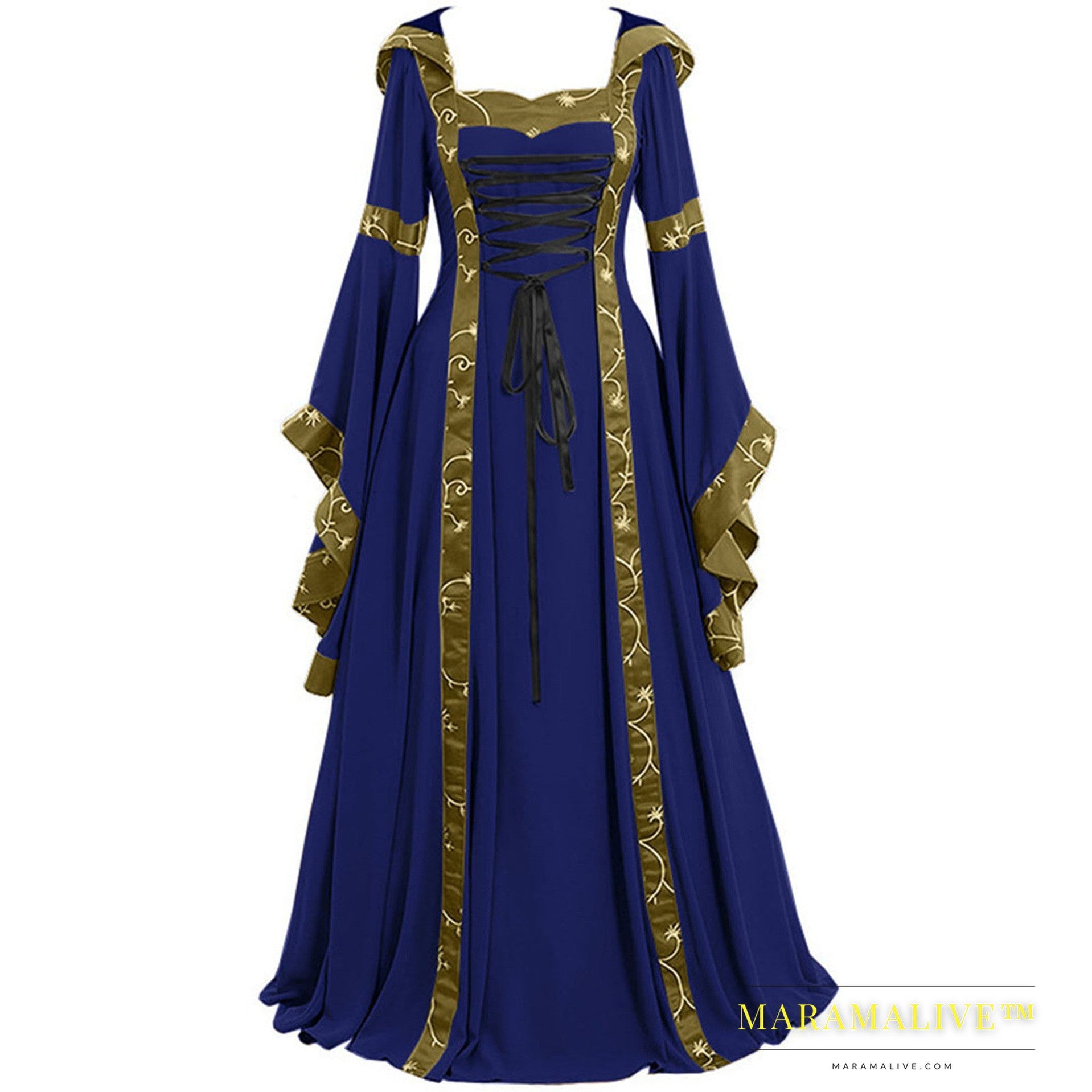 Medieval Retro Hooded Square Neck Tie Dress