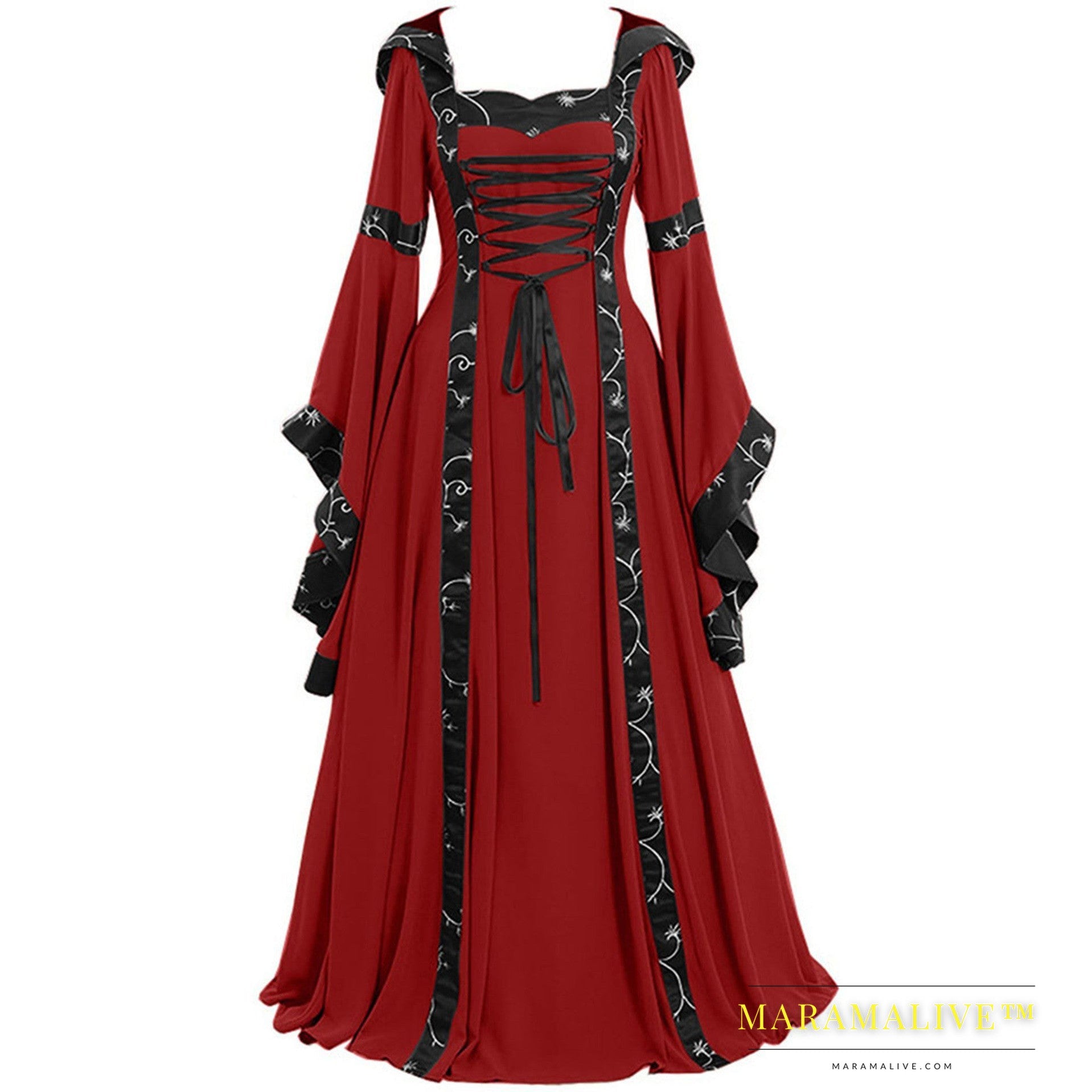 Medieval Retro Hooded Square Neck Tie Dress