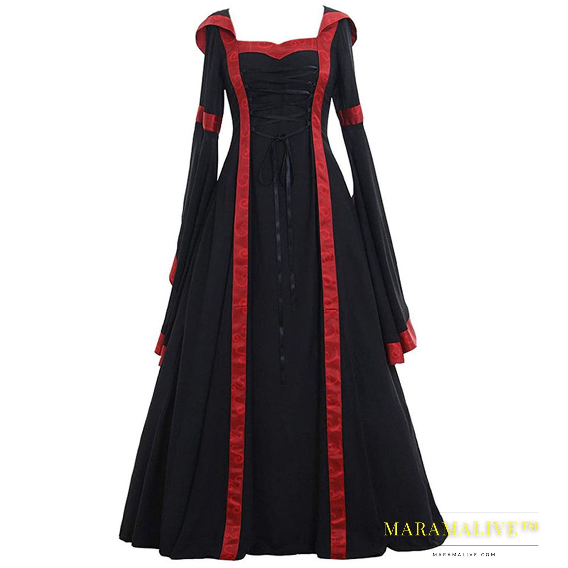 Medieval Retro Hooded Square Neck Tie Dress