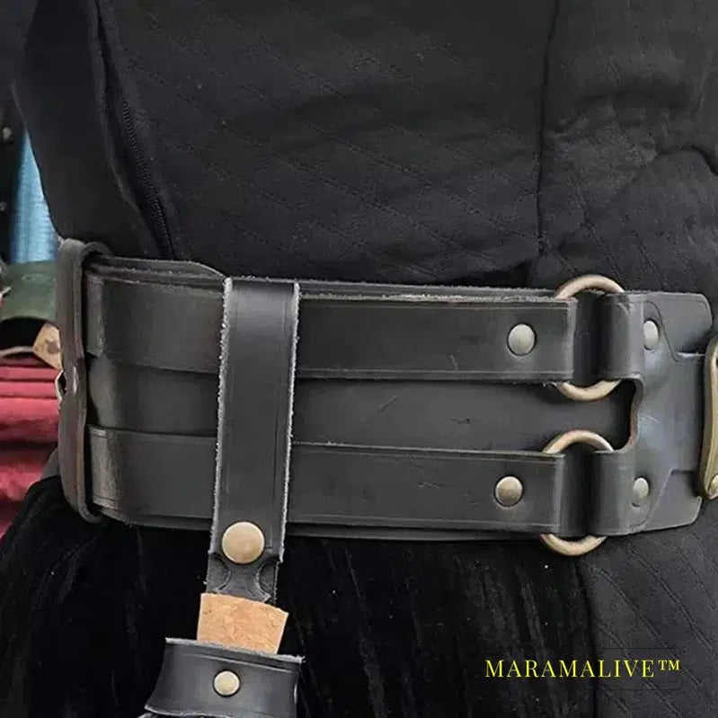 Medieval Steampunk PU Leather Witch Belt with Double Buckle for Women's Viking Pirate Knight Costume Accessory for Larp Cosplay