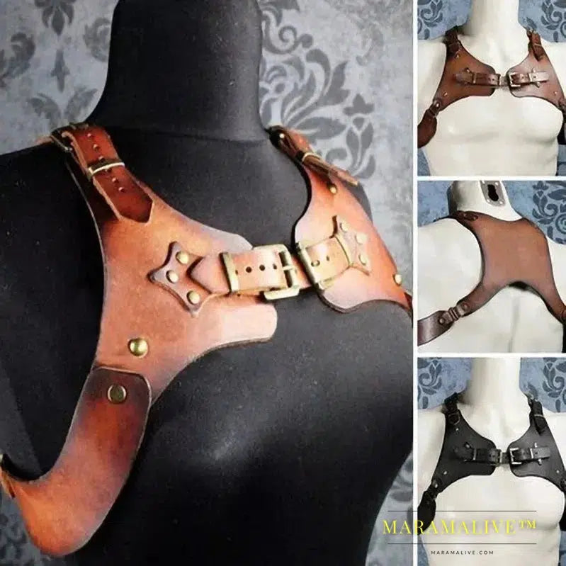 Medieval Steampunk Viking PU Leather Suspender Shoulder Chest Harness Armor for Men Women Cosplay Outfit Breastplate Accessory