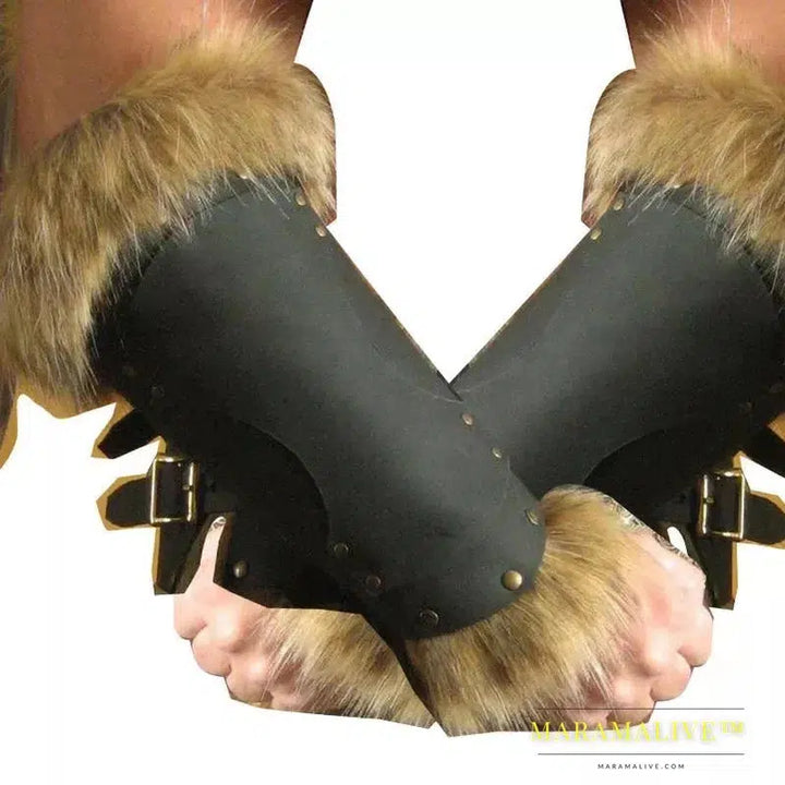 Medieval Viking Warrior Leather Bracer Steampunk Fur Accents LARP Costume for Men Women Riveted Arm Armor Halloween Accessory