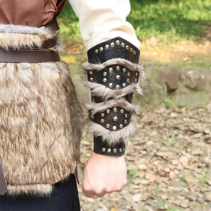 Medieval Viking Warrior Leather Bracer Steampunk Fur Accents LARP Costume for Men Women Riveted Arm Armor Halloween Accessory Maramalive™