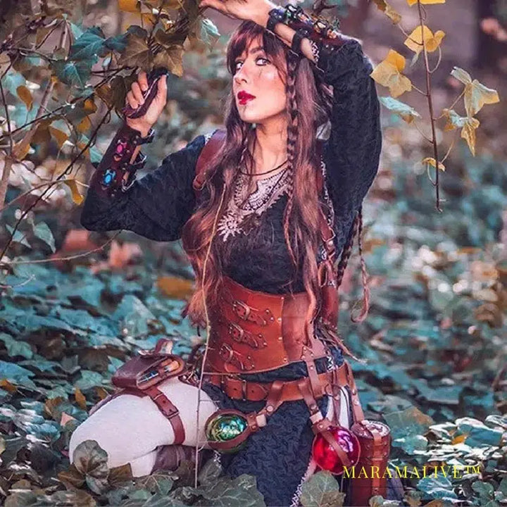 Medieval Witch Sorceress Cosplay Costume Women PU Leather Buckled Waist Cinch Belt Corset Armor Steampunk Waistband Accessory