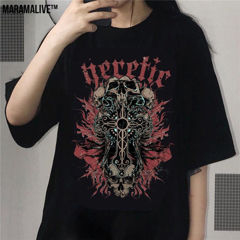 Men And Women Gothic Style Print Round Neck Loose T-shirt Short Sleeve