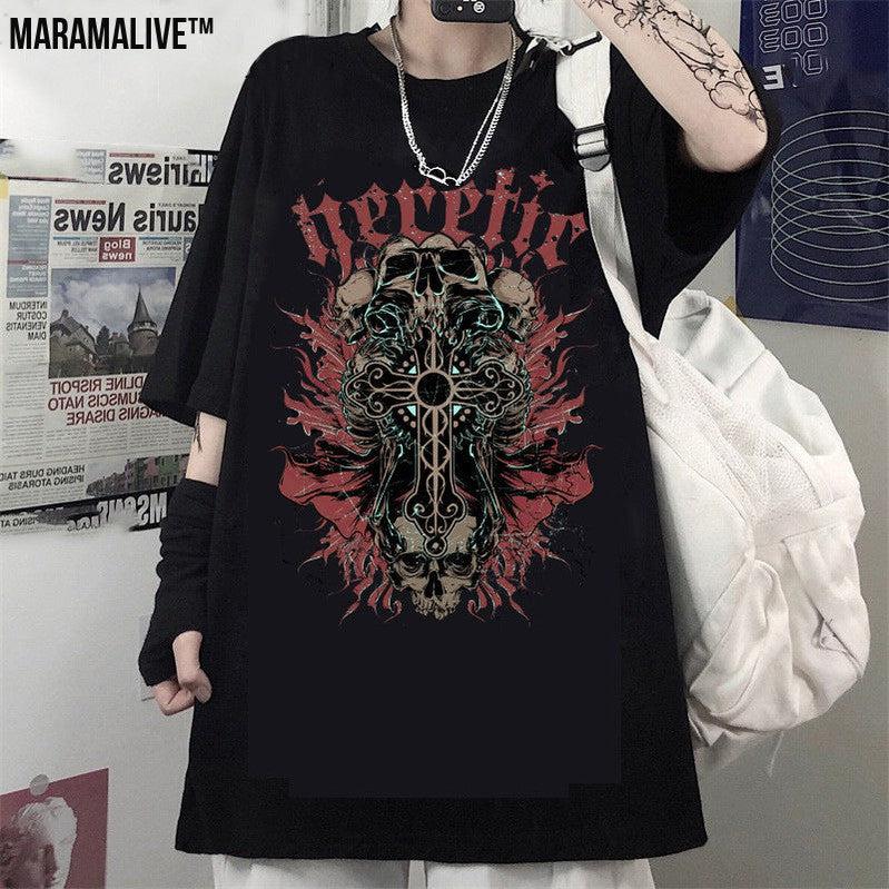 Men And Women Gothic Style Print Round Neck Loose T-shirt Short Sleeve