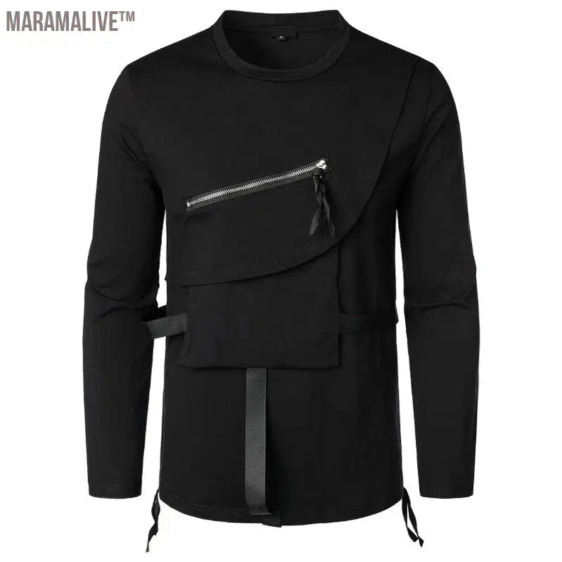 Men Fashion Sweatshirts Workwear Round Neck Bottom Shirt Loose High Street Strap Functional Tactical Long Sleeve T-shirt for Men