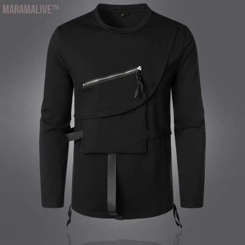 Men Fashion Sweatshirts Workwear Round Neck Bottom Shirt Loose High Street Strap Functional Tactical Long Sleeve T-shirt for Men