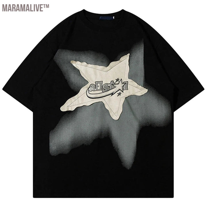 Men Oversized T Shirt Star Splicing Harajuku Streetwear Tshirts Man Fashion Casual Loose Cotton Hip Hop Y2K T-shirt Tops