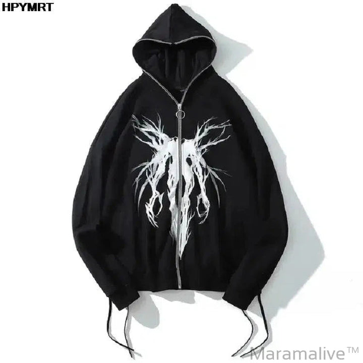 Men Punk Pattern Printed Zipper Ribbon Hooded Sweatshirt Jacket Hip Hop Casual Oversized Hoodies Coat Streetwear Autumn Couples