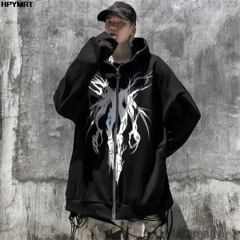 Men Punk Pattern Printed Zipper Ribbon Hooded Sweatshirt Jacket Hip Hop Casual Oversized Hoodies Coat Streetwear Autumn Couples