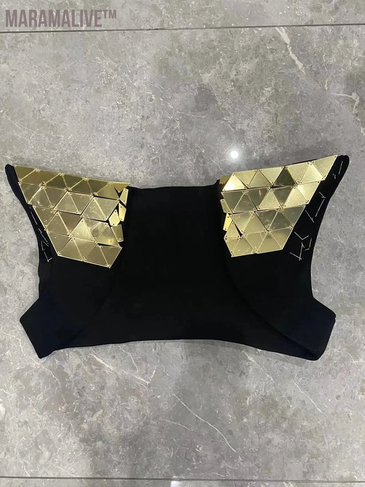 Men Silver Gold Blue Red Lens Sequins Mirrors Waistcoat Vest Bra Female Costumes Mirrors Armor Singer Dancer Nightclub Show Wear