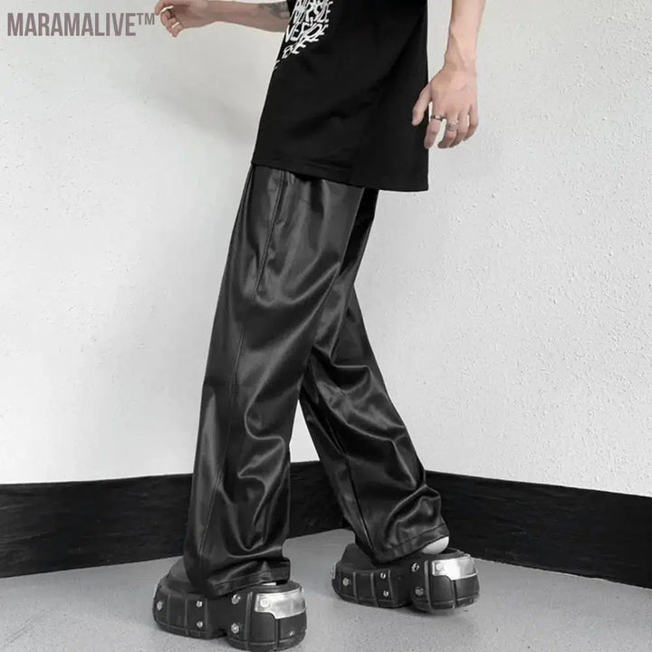 Men Straight Pants Drawstring Elastic Waist PU Leather Pants Hip Hop Wide Leg Loose Streetwear Unisex Waterproof Long Trousers