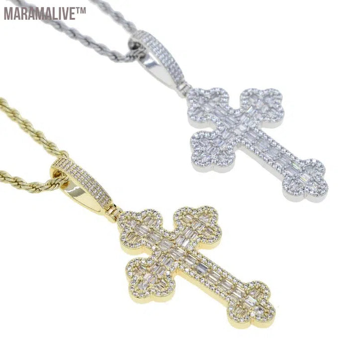 Men Women Hip Hop Cross Pendant Necklace Full Paved Sparking Cubic Zircon Rope Chain Iced Out Bling CZ Jewelry Fashion Gift