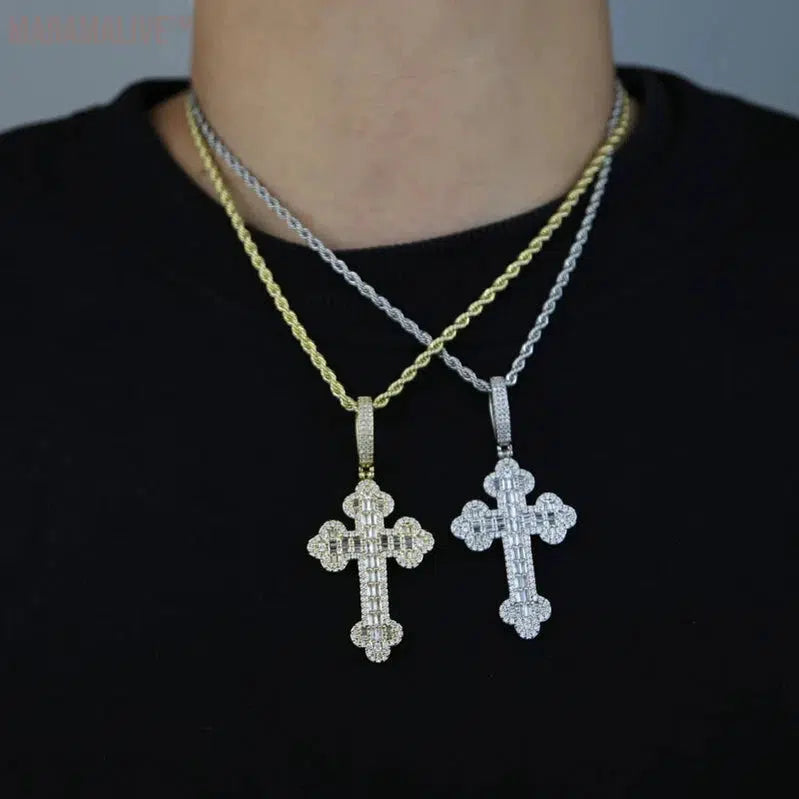 Men Women Hip Hop Cross Pendant Necklace Full Paved Sparking Cubic Zircon Rope Chain Iced Out Bling CZ Jewelry Fashion Gift