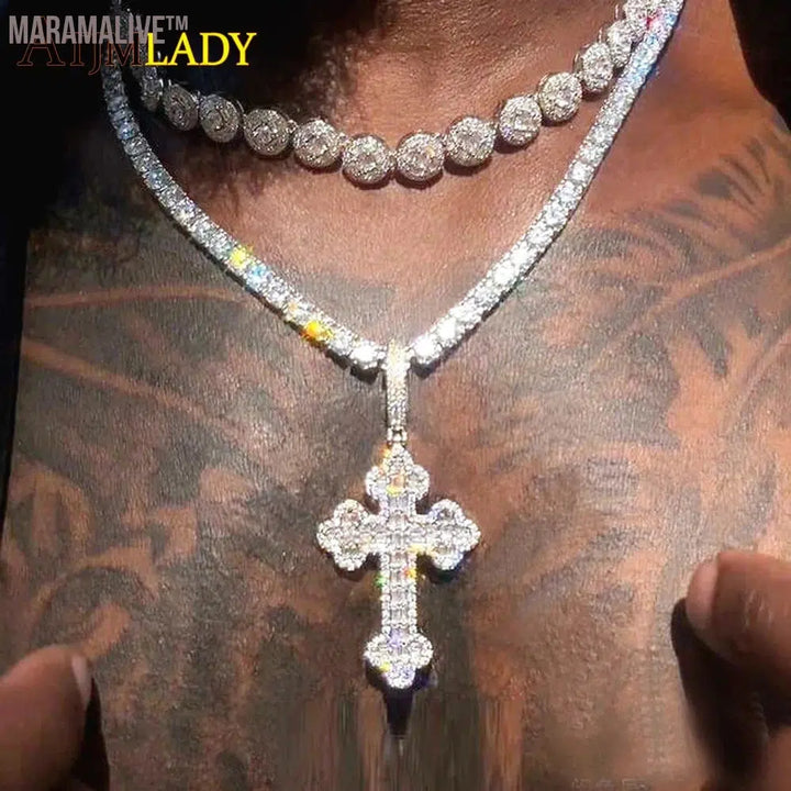 Men Women Hip Hop Cross Pendant Necklace Full Paved Sparking Cubic Zircon Rope Chain Iced Out Bling CZ Jewelry Fashion Gift