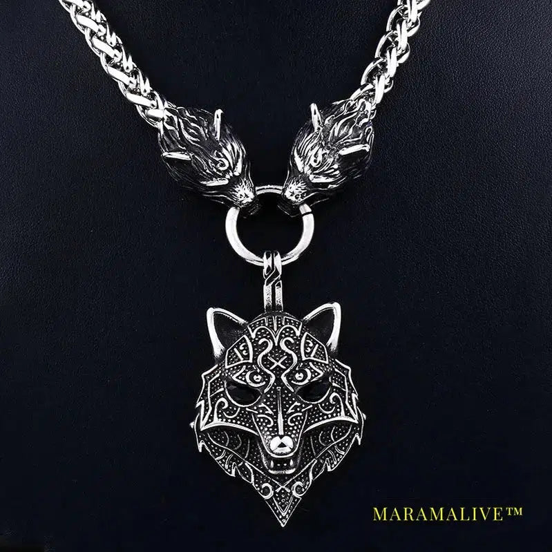 Men stainless steel necklace viking wolf head with Odin pendant norse talisman ethnic jewelry