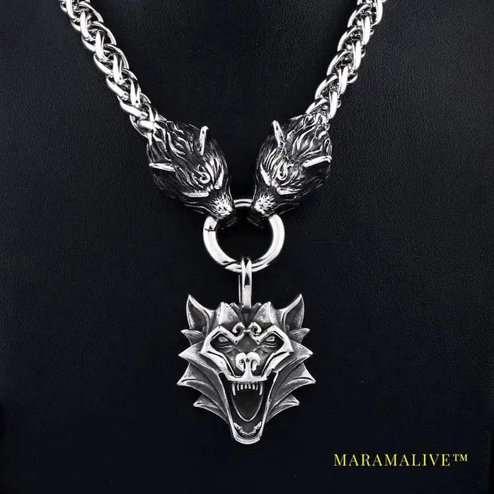 Men stainless steel necklace viking wolf head with Odin pendant norse talisman ethnic jewelry