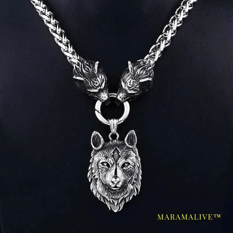 Men stainless steel necklace viking wolf head with Odin pendant norse talisman ethnic jewelry