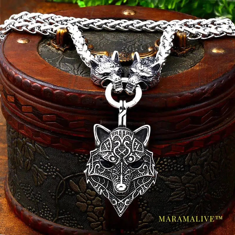 Men stainless steel necklace viking wolf head with Odin pendant norse talisman ethnic jewelry