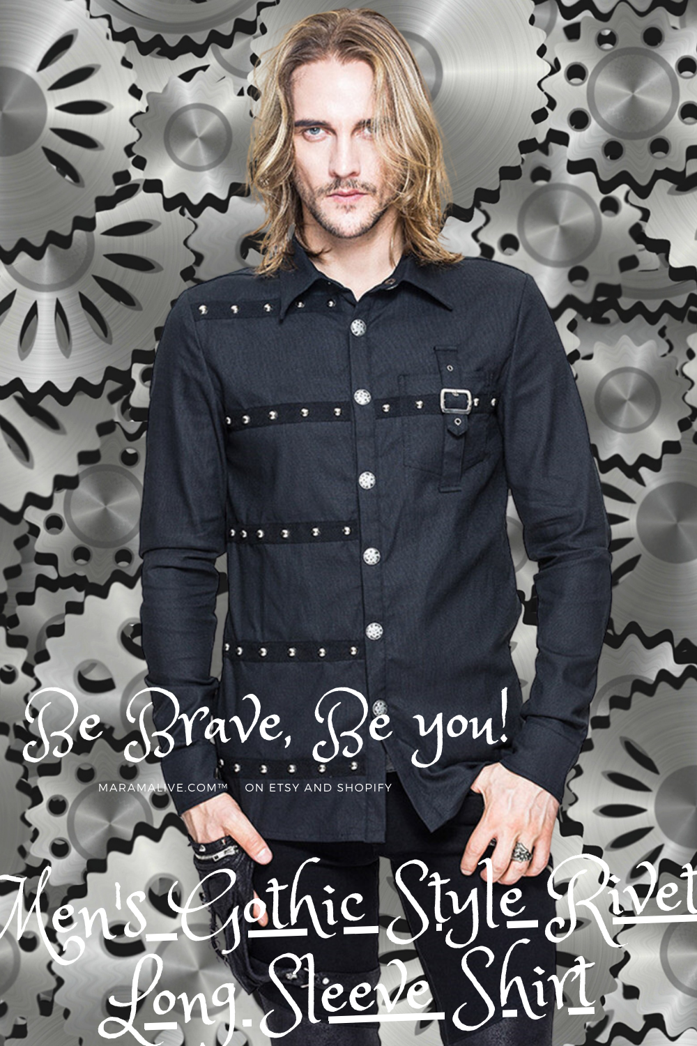 A man in a black shirt with the words so brave, showcasing the Maramalive™ Gothic Style Long Sleeve Shirt - Dark Romantic Style.