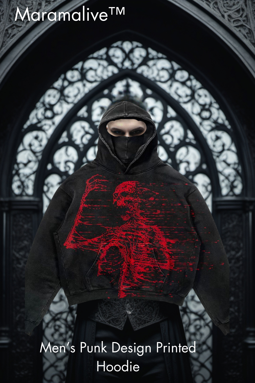 Person wearing a black hoodie with a red punk-style skeleton design, standing in front of an ornate black gate. Text reads: "Maramalive™ Men's Punk Design Printed Hoodie.