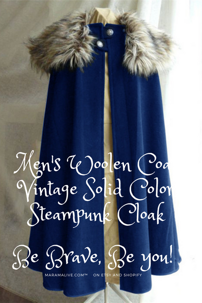 A Maramalive™ Men's Woolen Coat Vintage Solid Color Steampunk Cloak with fur collar on a mannequin.