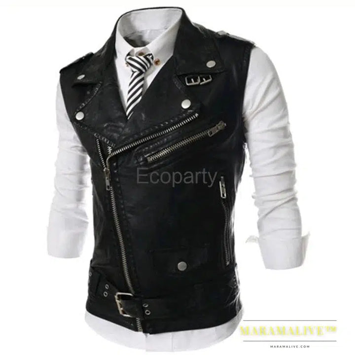 Men's Casual Pu Leather Vest Jacket Black Fashion Lapel Collar Zipper Short Waistcoat Steampunk Sleeveless Clothing Male