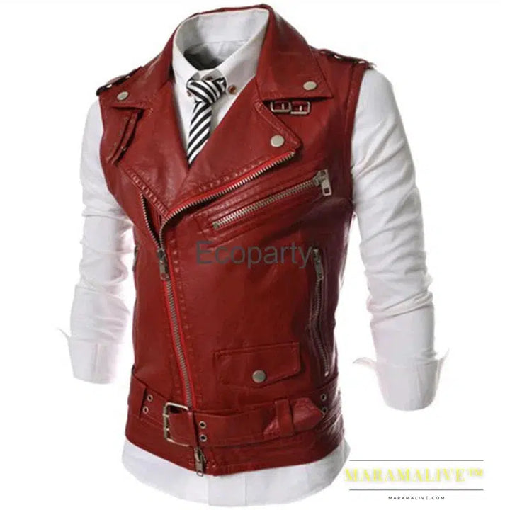 Men's Casual Pu Leather Vest Jacket Black Fashion Lapel Collar Zipper Short Waistcoat Steampunk Sleeveless Clothing Male