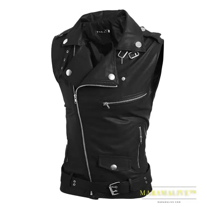 Men's Casual Pu Leather Vest Jacket Black Fashion Lapel Collar Zipper Short Waistcoat Steampunk Sleeveless Clothing Male