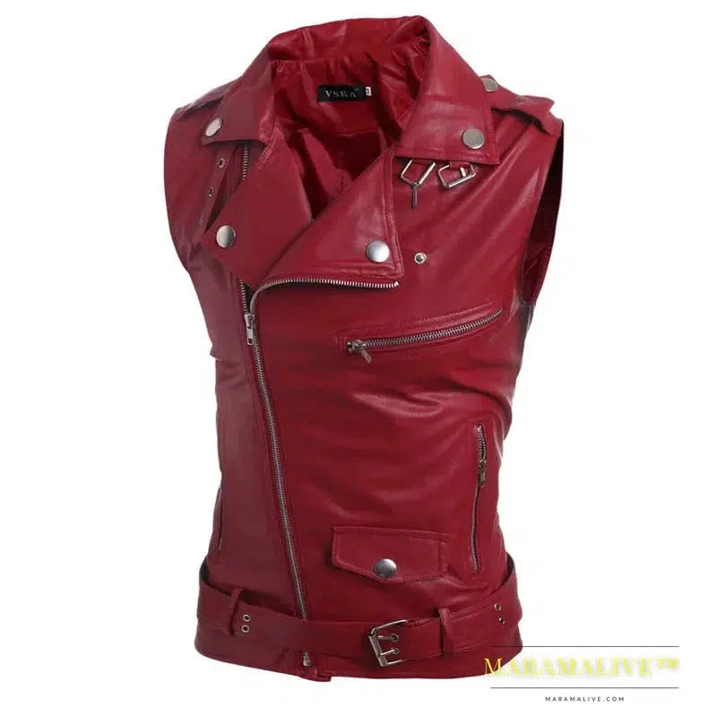 Men's Casual Pu Leather Vest Jacket Black Fashion Lapel Collar Zipper Short Waistcoat Steampunk Sleeveless Clothing Male