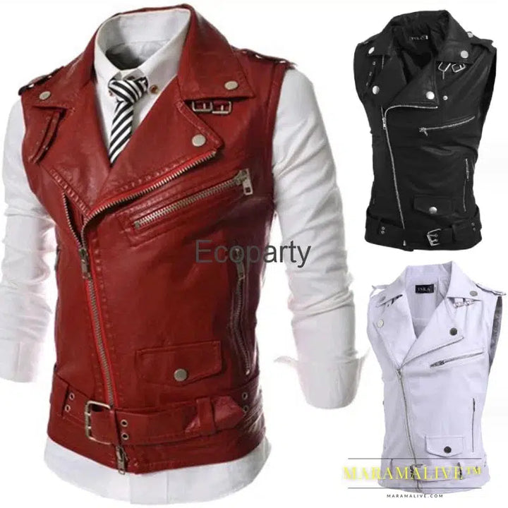 Men's Casual Pu Leather Vest Jacket Black Fashion Lapel Collar Zipper Short Waistcoat Steampunk Sleeveless Clothing Male