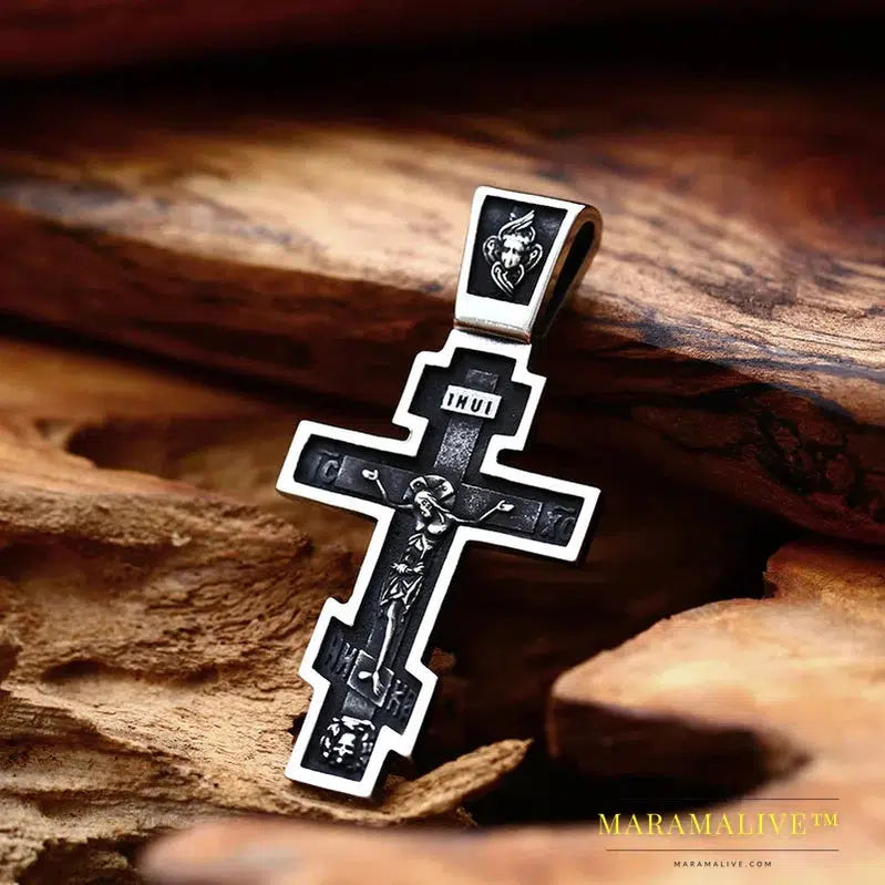 Men's Christian Stainless Steel Christ Jesus Pendant Eastern Orthodox Cross Pendant Chain Necklace Jewelry