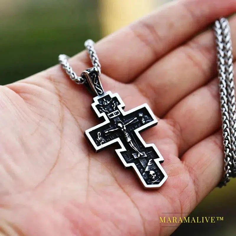 Men's Christian Stainless Steel Christ Jesus Pendant Eastern Orthodox Cross Pendant Chain Necklace Jewelry