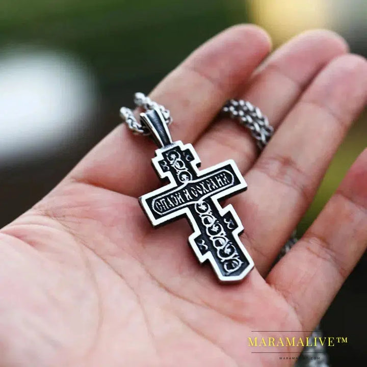 Men's Christian Stainless Steel Christ Jesus Pendant Eastern Orthodox Cross Pendant Chain Necklace Jewelry