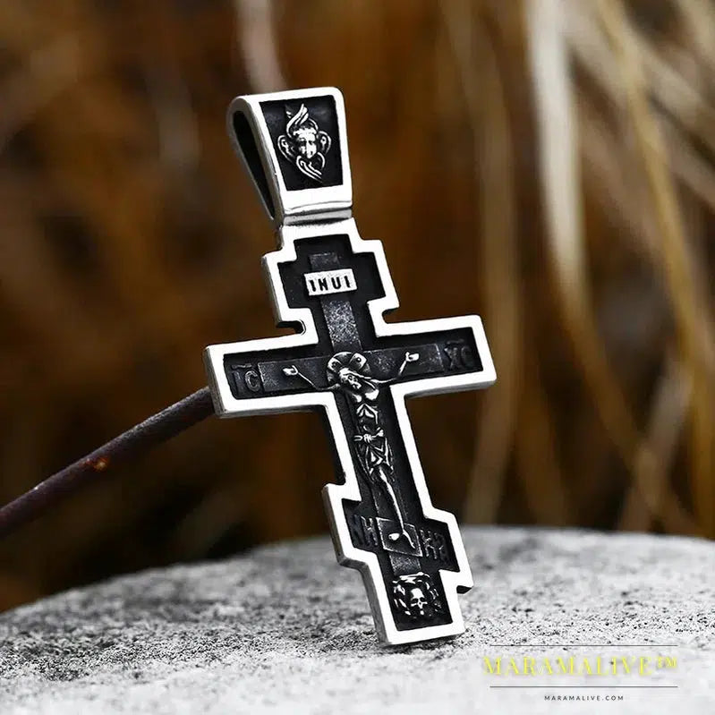 Men's Christian Stainless Steel Christ Jesus Pendant Eastern Orthodox Cross Pendant Chain Necklace Jewelry