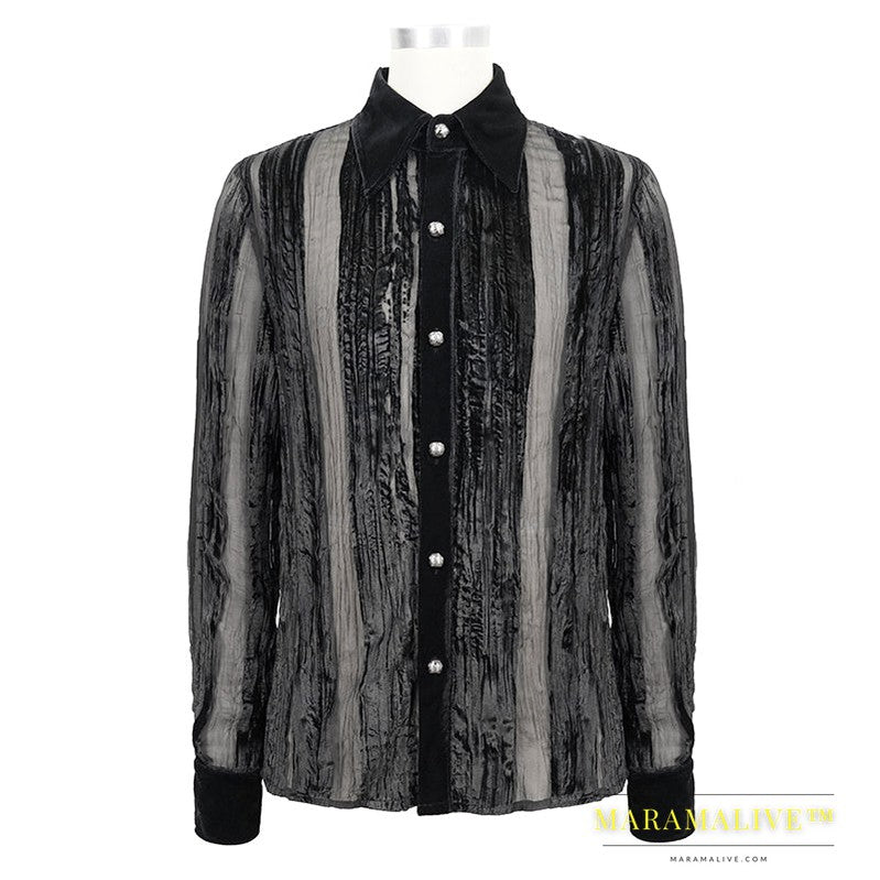 Men's Demon Fashion Gothic Striped Velvet Burnt-out Pleated Shirt