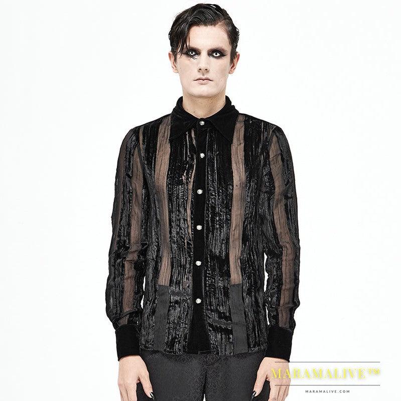 Men's Demon Fashion Gothic Striped Velvet Burnt-out Pleated Shirt