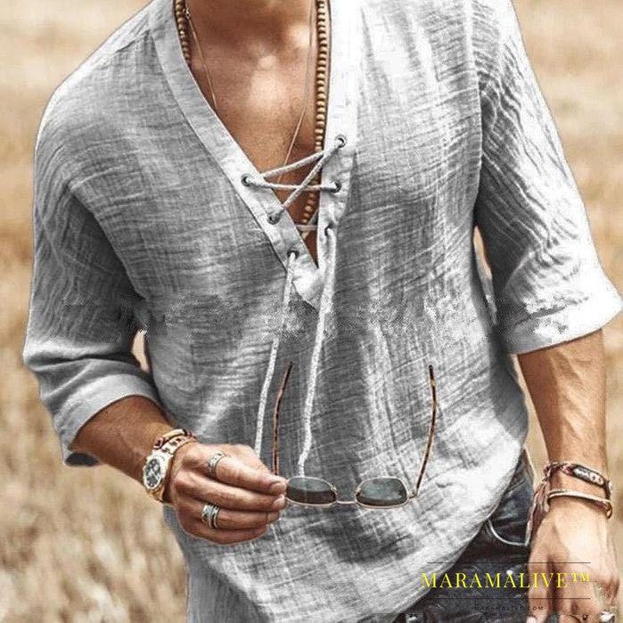 Men's Fashion Chest tie Mid Sleeve T Shirt Shirt