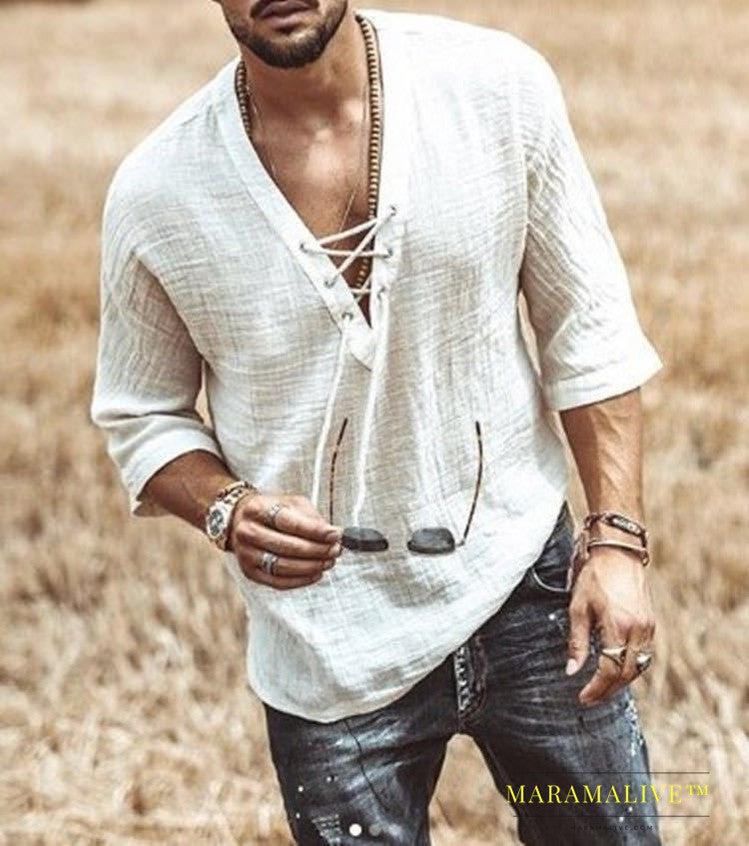 Men's Fashion Chest tie Mid Sleeve T Shirt Shirt