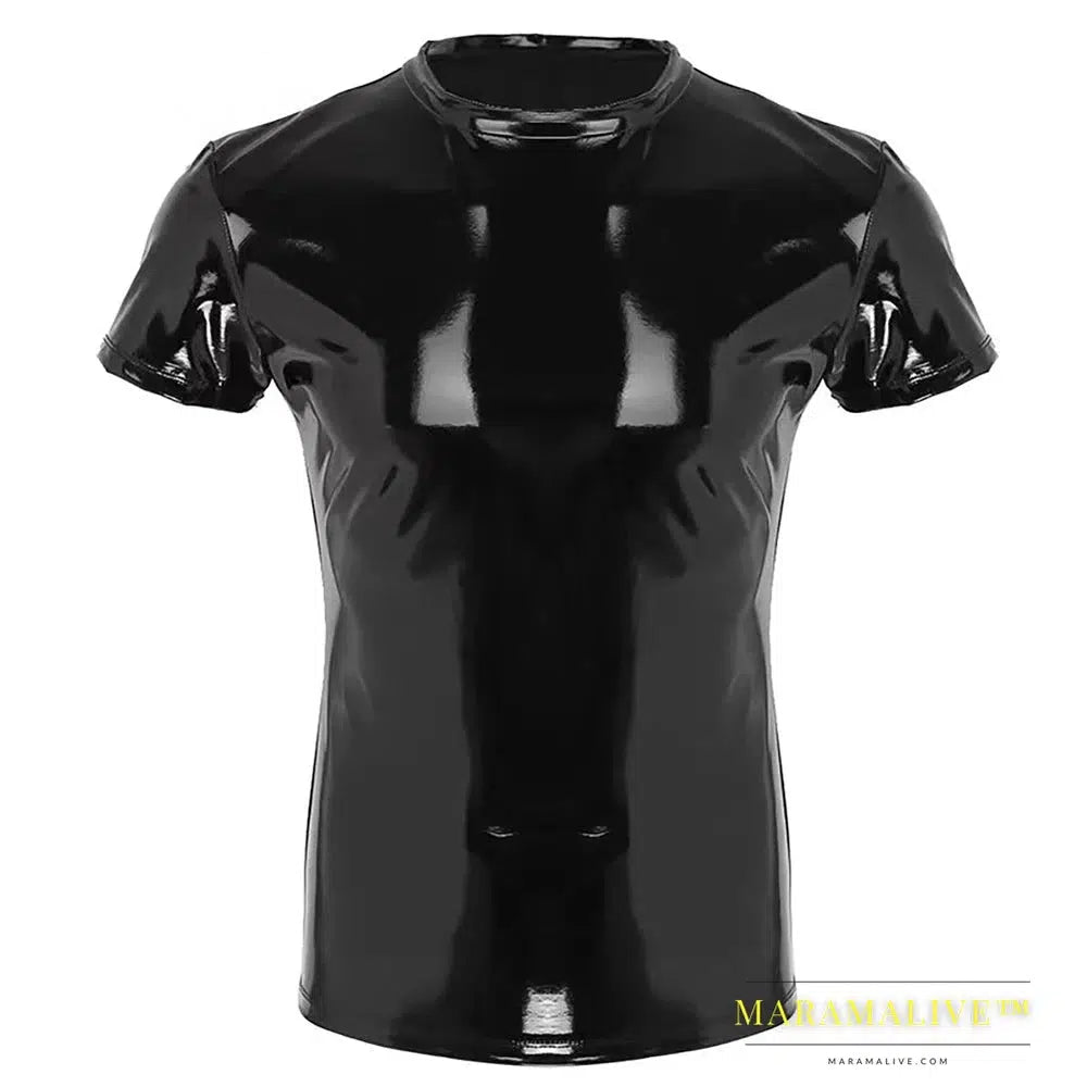 Mens Faux Leather PVC Clubwear Short Sleeve Wet Look Shiny T-Shirt Top Costume Sexy Nightclub Shirts Bodycon Jacket Tops