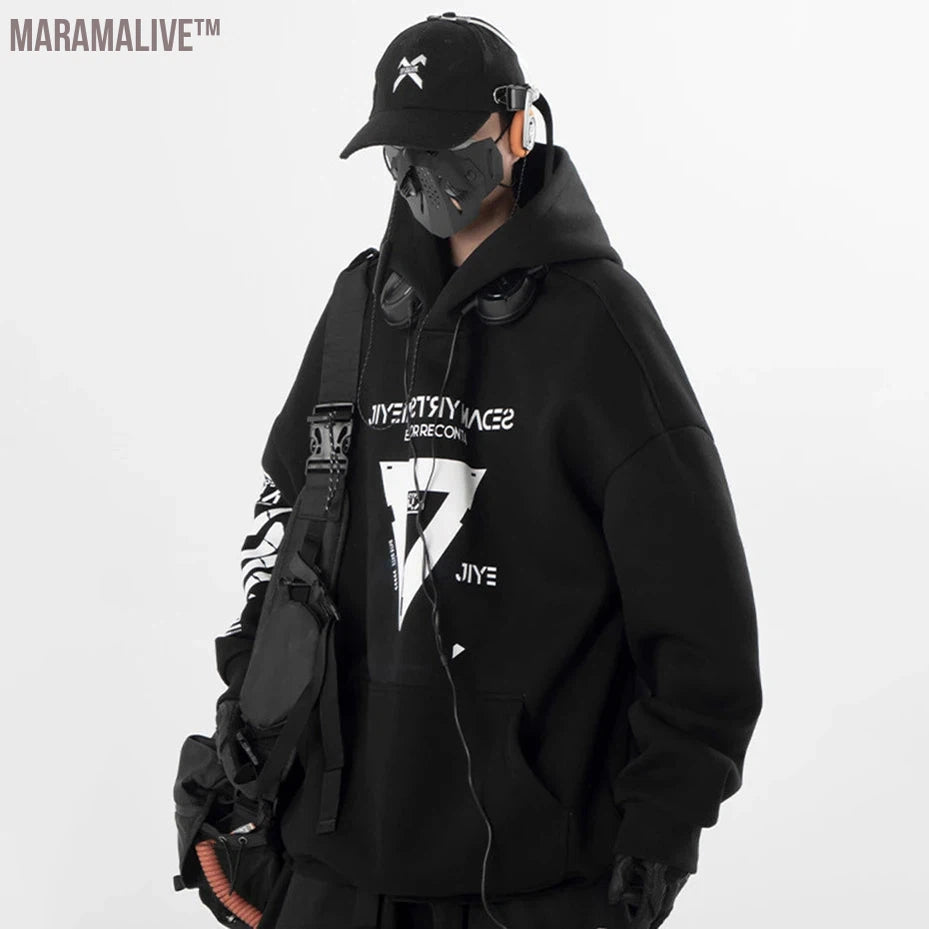 Men's Hoodies 2024 Spring Autumn Black Loose Hooded Pullover Sweatshirt Fashion Printed Oversized Harajuku Streetwear Hoodie