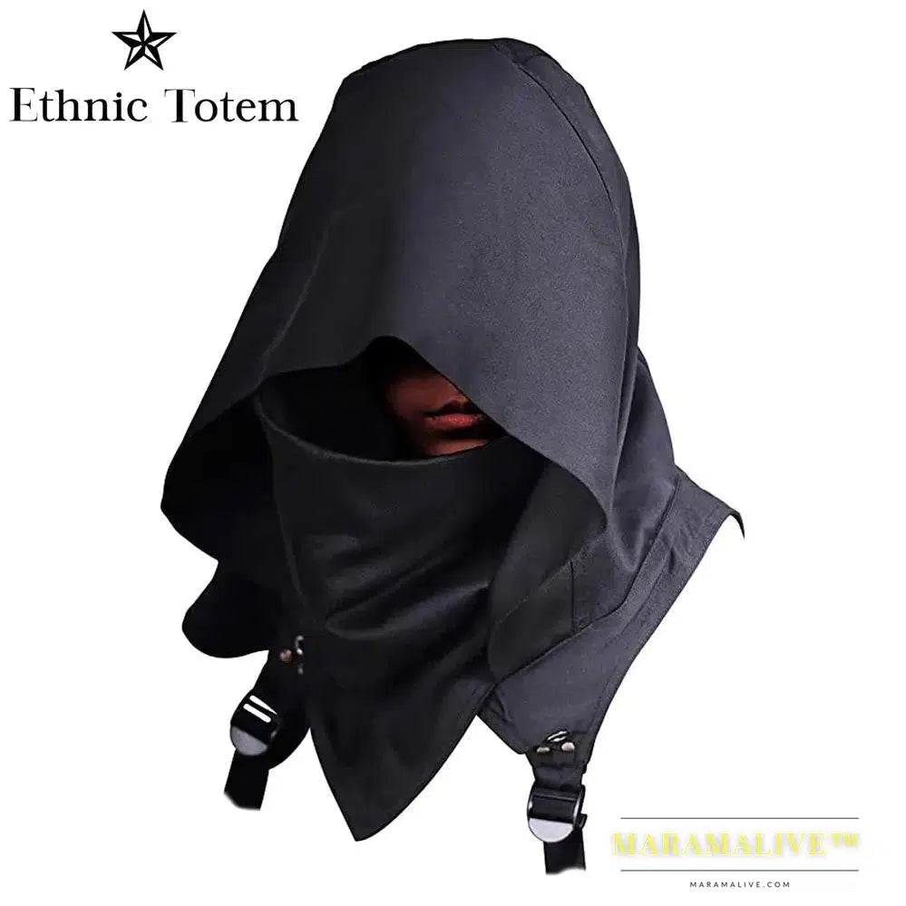 Men's Medieval Vintage Pirate Cosplay Mask Hooded Cloak Black White Gothic Punk Button Hood Face Shield Halloween Costumes