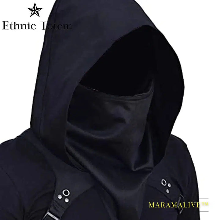 Men's Medieval Vintage Pirate Cosplay Mask Hooded Cloak Black White Gothic Punk Button Hood Face Shield Halloween Costumes