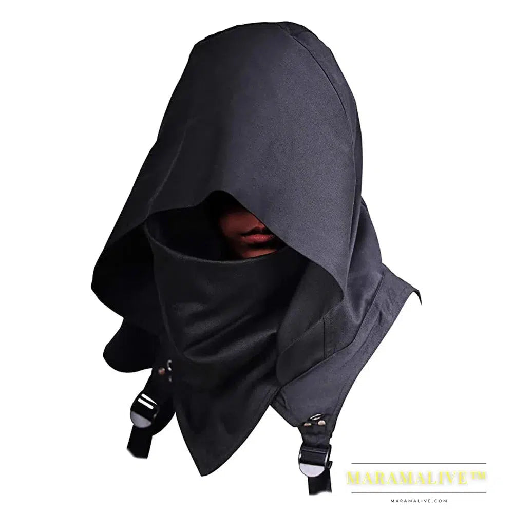 Men's Medieval Vintage Pirate Cosplay Mask Hooded Cloak Black White Gothic Punk Button Hood Face Shield Halloween Costumes