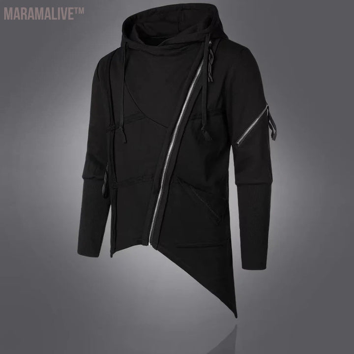 Men's Oblique Zipper Jacket Hooded Clothes Steampunk Gothic Medieval Coat Original Streetwear Designer Autumn Winter Techwear