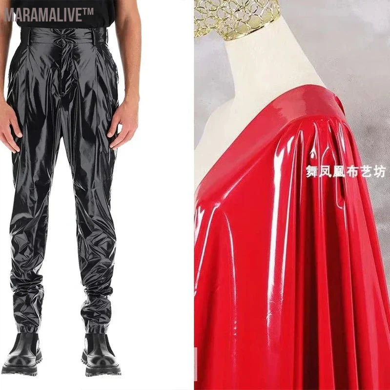 Men's Punk Faux Latex Pants Shiny Patent Leather Pleated Harlan Pants Male High Waist Stretch PU Trousers New Streetwear Custom