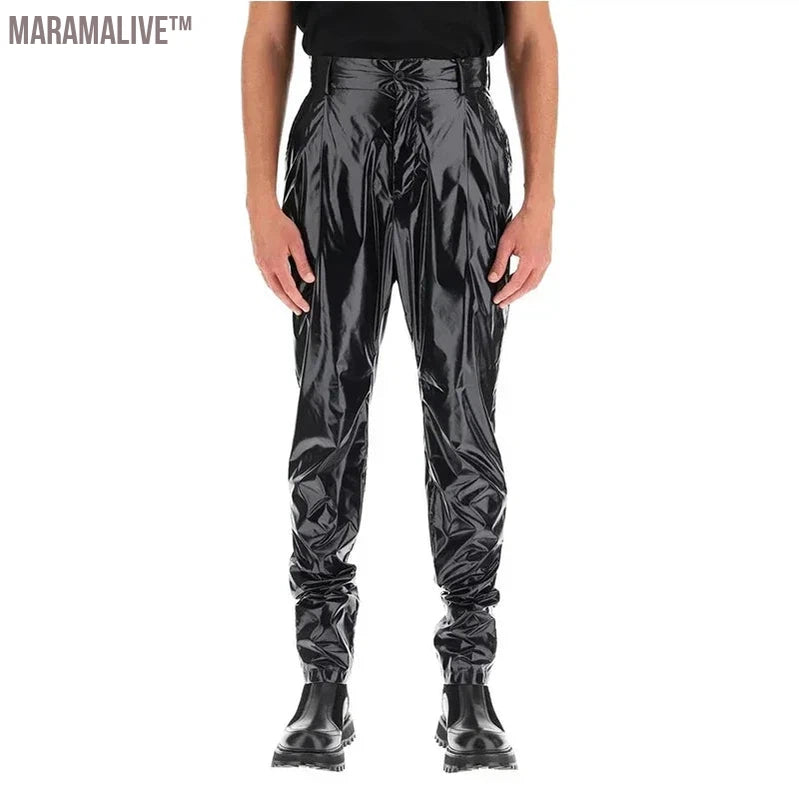 Men's Punk Faux Latex Pants Shiny Patent Leather Pleated Harlan Pants Male High Waist Stretch PU Trousers New Streetwear Custom