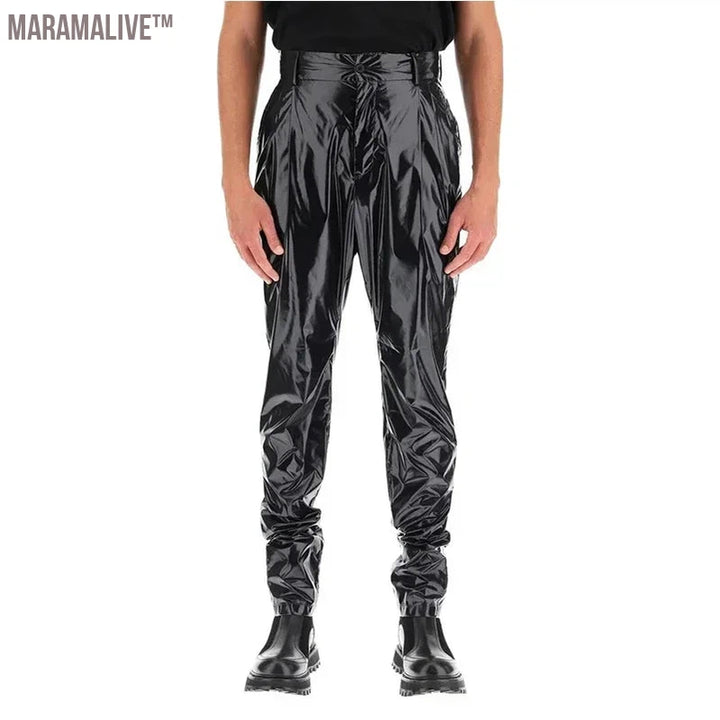 Men's Punk Faux Latex Pants Shiny Patent Leather Pleated Harlan Pants Male High Waist Stretch PU Trousers New Streetwear Custom