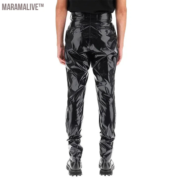 Men's Punk Faux Latex Pants Shiny Patent Leather Pleated Harlan Pants Male High Waist Stretch PU Trousers New Streetwear Custom